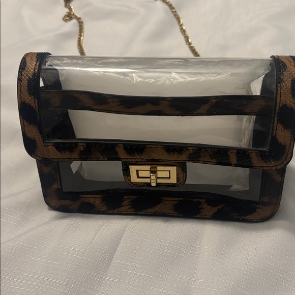 Clear Crossbody bag w/leopard print trim gold chain strap, stadium-approved - Picture 3 of 12